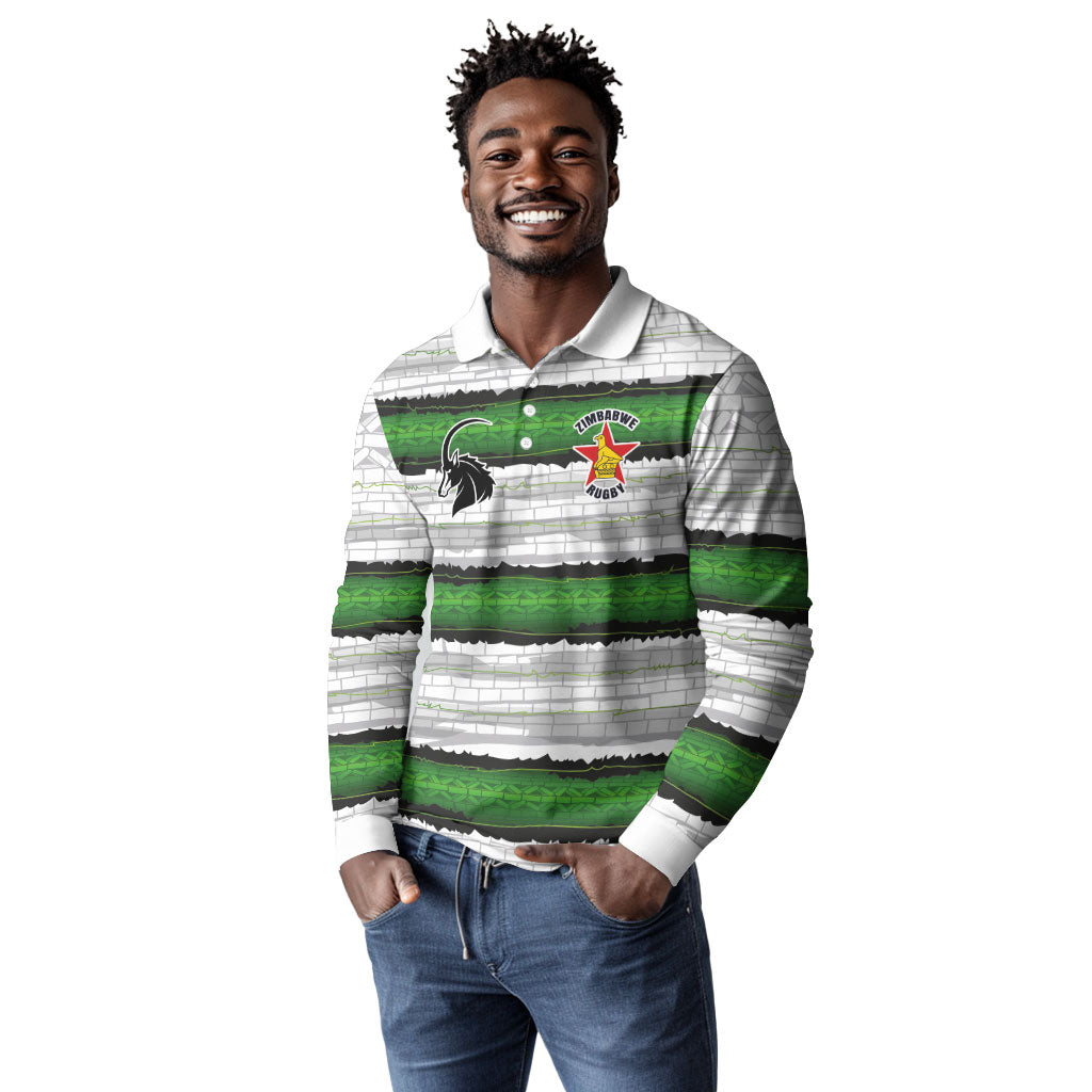 Custom Zimbabwe Rugby Long Sleeve Polo Shirt Geometric Chevron Wall Motif Stripes Style