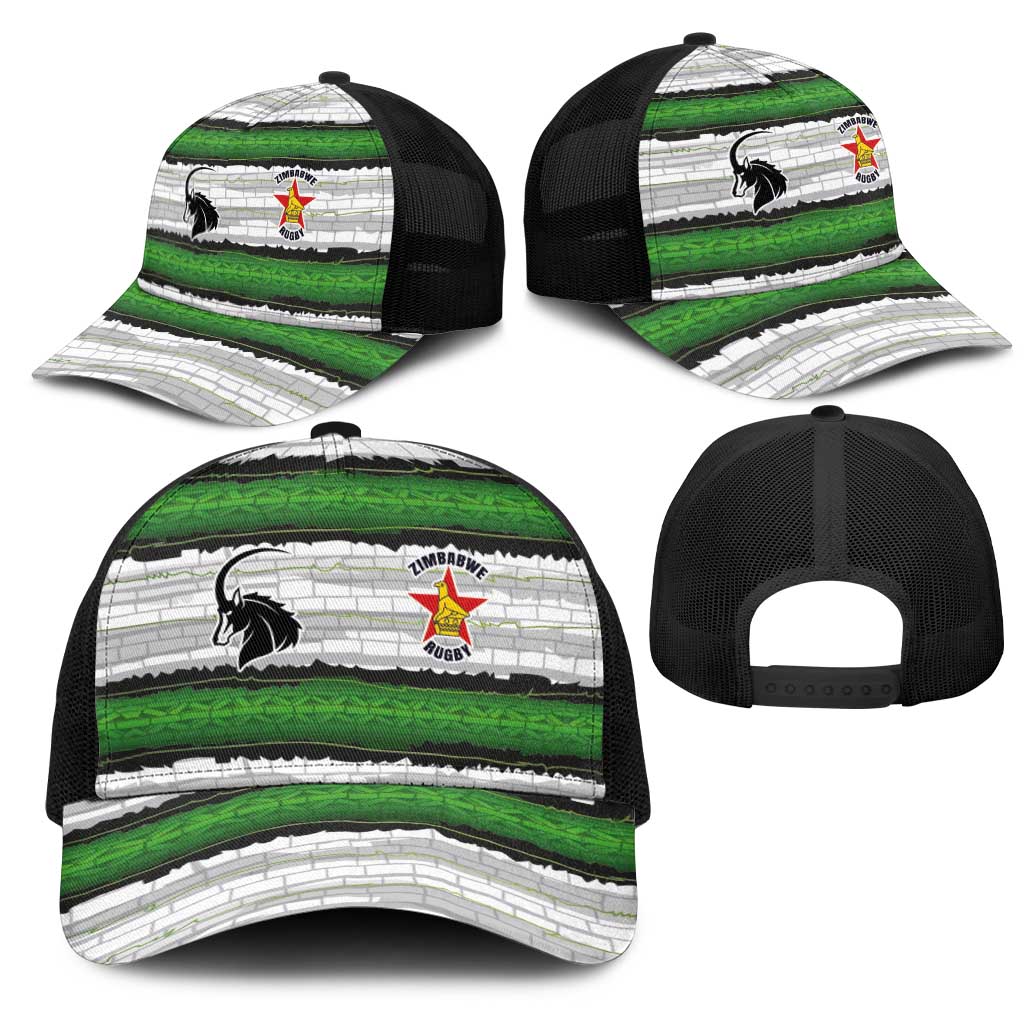 Zimbabwe Rugby Mesh Trucker Cap Geometric Chevron Wall Motif Stripes Style