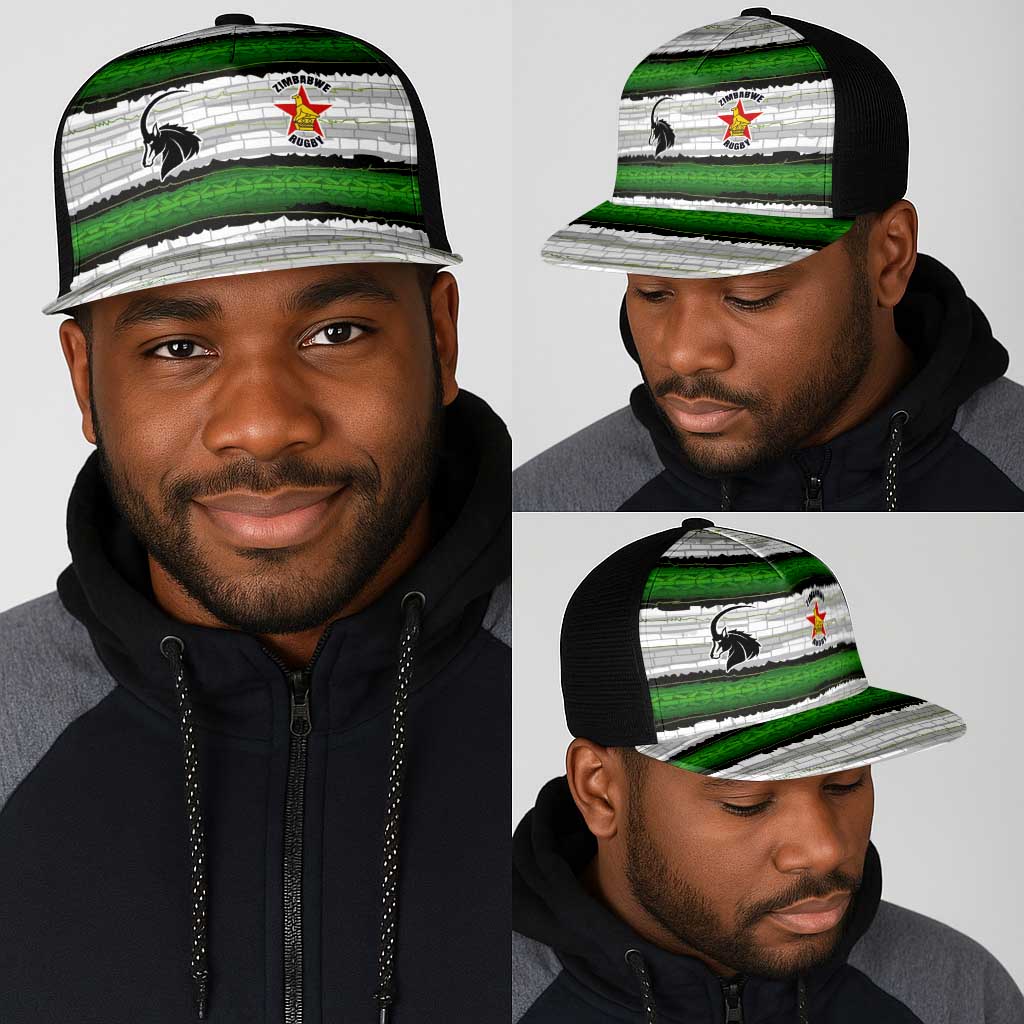Zimbabwe Rugby Mesh Trucker Cap Geometric Chevron Wall Motif Stripes Style