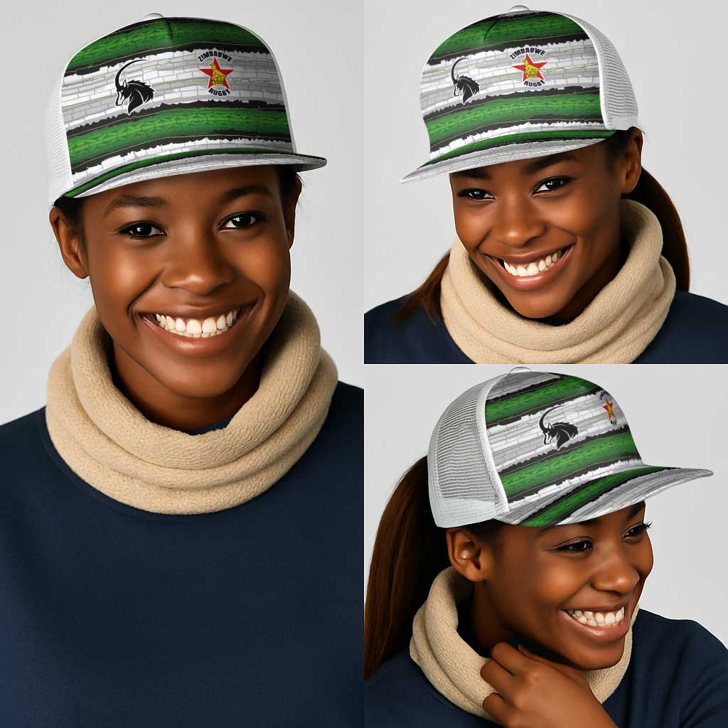 Zimbabwe Rugby Mesh Trucker Cap Geometric Chevron Wall Motif Stripes Style