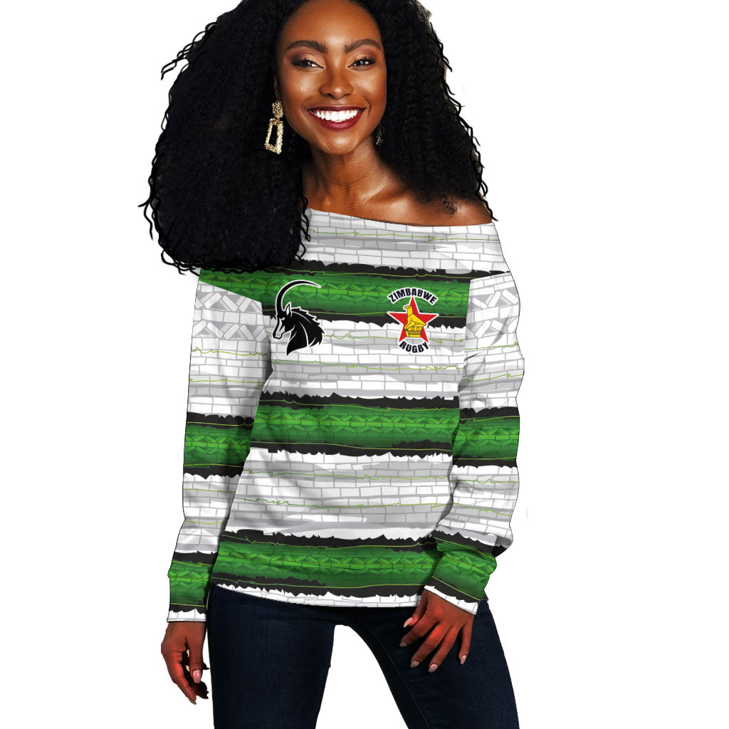 Custom Zimbabwe Rugby Off Shoulder Sweater Geometric Chevron Wall Motif Stripes Style