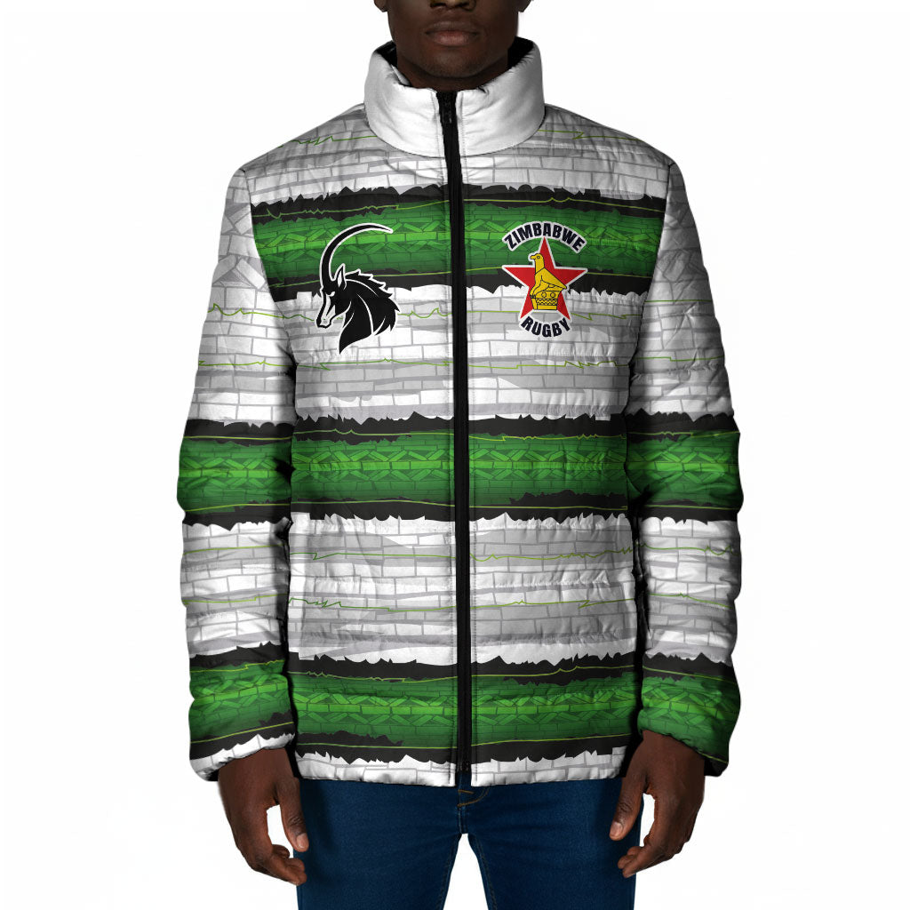Custom Zimbabwe Rugby Padded Jacket Geometric Chevron Wall Motif Stripes Style