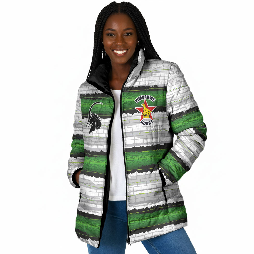Custom Zimbabwe Rugby Padded Jacket Geometric Chevron Wall Motif Stripes Style