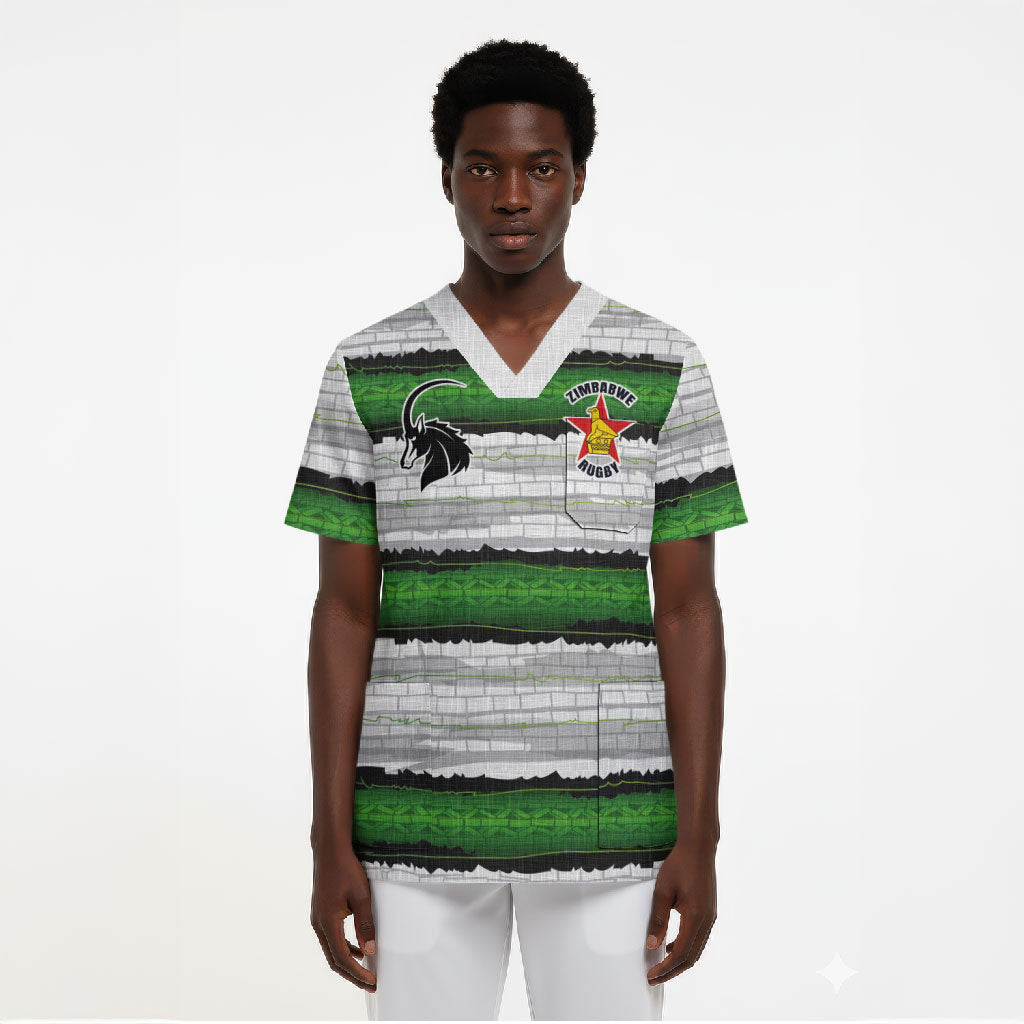 Custom Zimbabwe Rugby Scrub Top Geometric Chevron Wall Motif Stripes Style