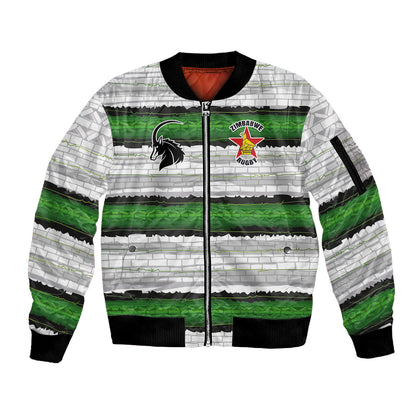 Custom Zimbabwe Rugby Sleeve Zip Bomber Jacket Geometric Chevron Wall Motif Stripes Style