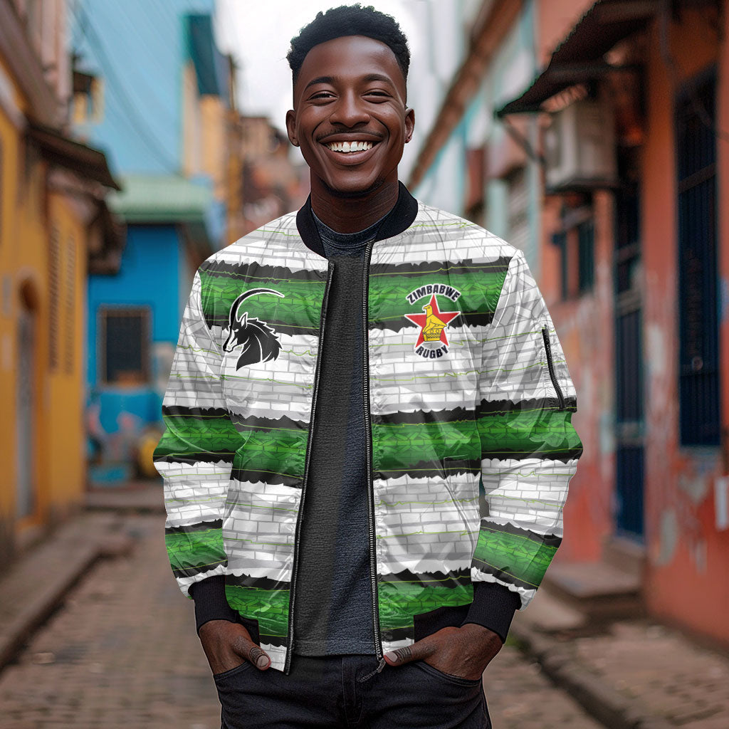 Custom Zimbabwe Rugby Sleeve Zip Bomber Jacket Geometric Chevron Wall Motif Stripes Style