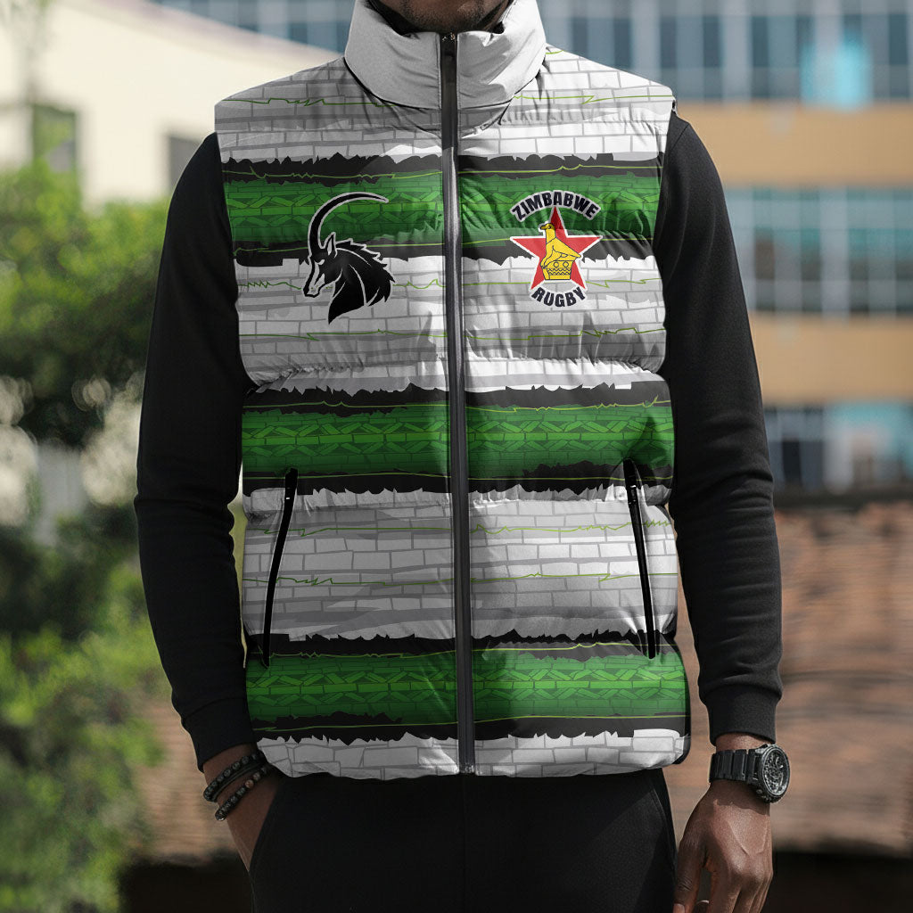 Custom Zimbabwe Rugby Sleeveless Puffer Jacket Geometric Chevron Wall Motif Stripes Style