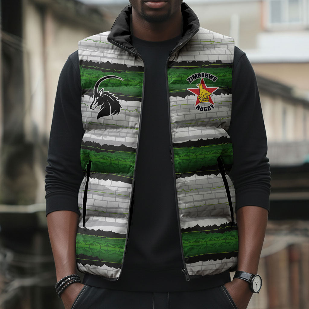 Custom Zimbabwe Rugby Sleeveless Puffer Jacket Geometric Chevron Wall Motif Stripes Style