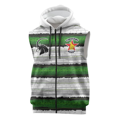 Custom Zimbabwe Rugby Sleeveless Zip Hoodie Geometric Chevron Wall Motif Stripes Style
