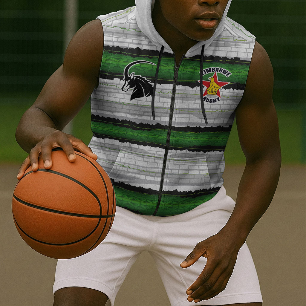 Custom Zimbabwe Rugby Sleeveless Zip Hoodie Geometric Chevron Wall Motif Stripes Style