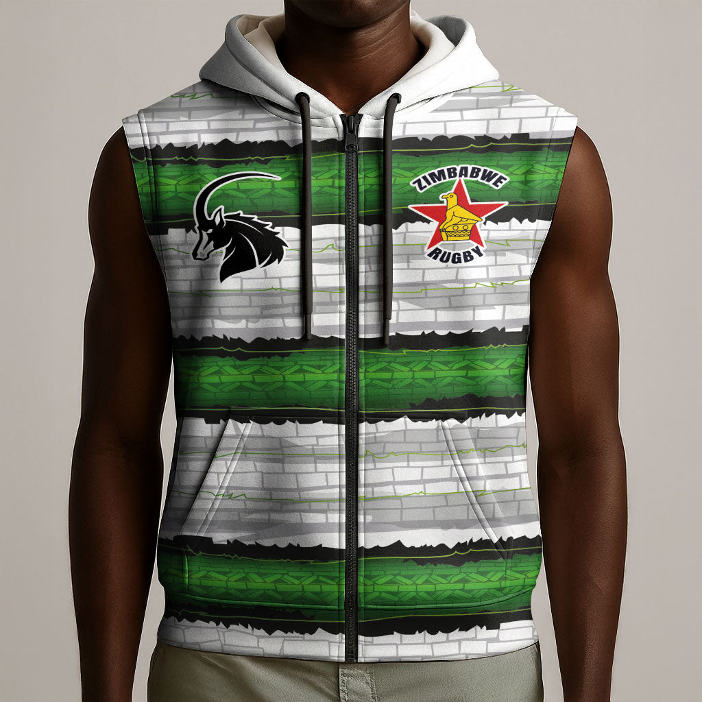 Custom Zimbabwe Rugby Sleeveless Zip Hoodie Geometric Chevron Wall Motif Stripes Style