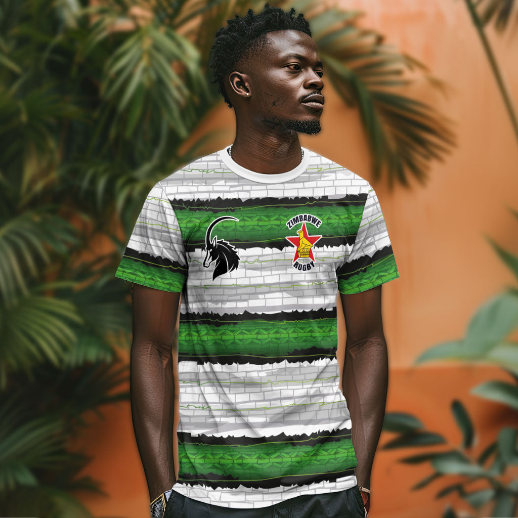 Custom Zimbabwe Rugby T shirt Geometric Chevron Wall Motif Stripes Style