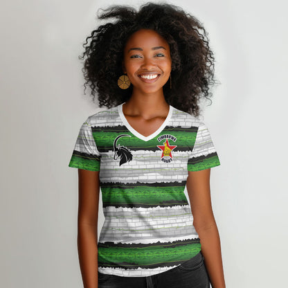 Custom Zimbabwe Rugby Women V-Neck T-Shirt Geometric Chevron Wall Motif Stripes Style