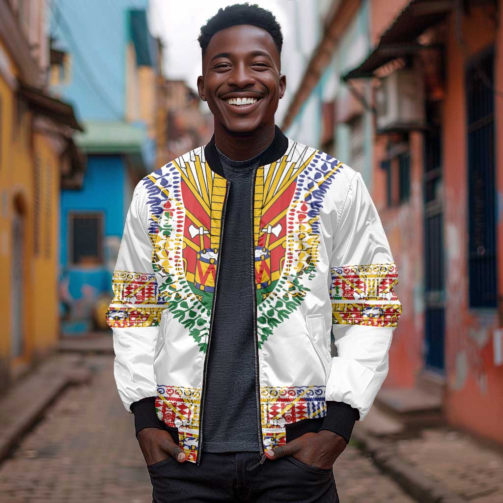 Haiti Flag Bomber Jacket Traditional Dashiki White Color