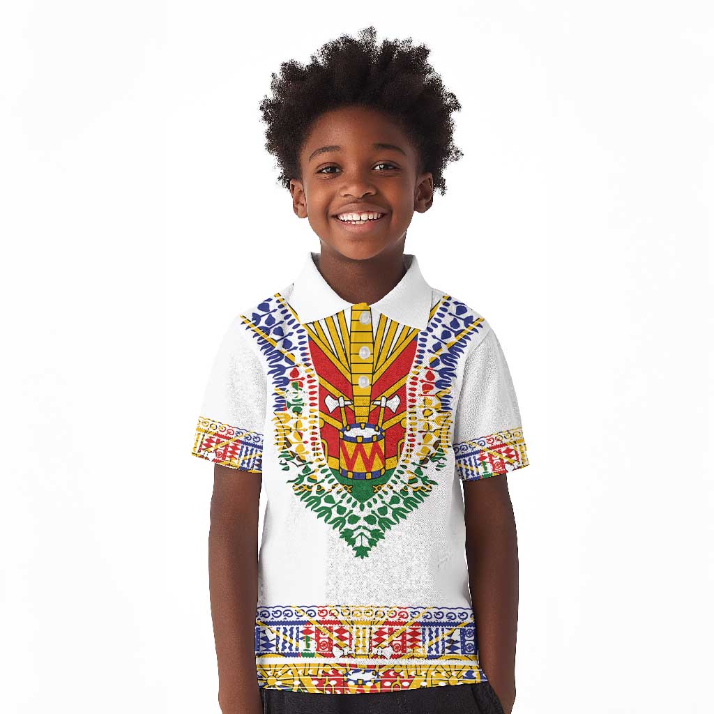 Haiti Flag Kid Polo Shirt Traditional Dashiki White Color