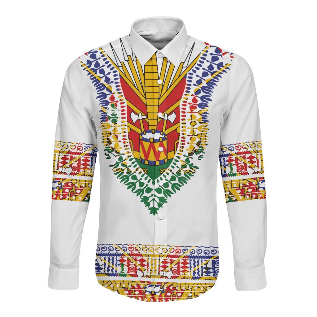 Haiti Flag Long Sleeve Button Shirt Traditional Dashiki White Color