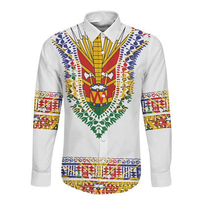 Haiti Flag Long Sleeve Button Shirt Traditional Dashiki White Color