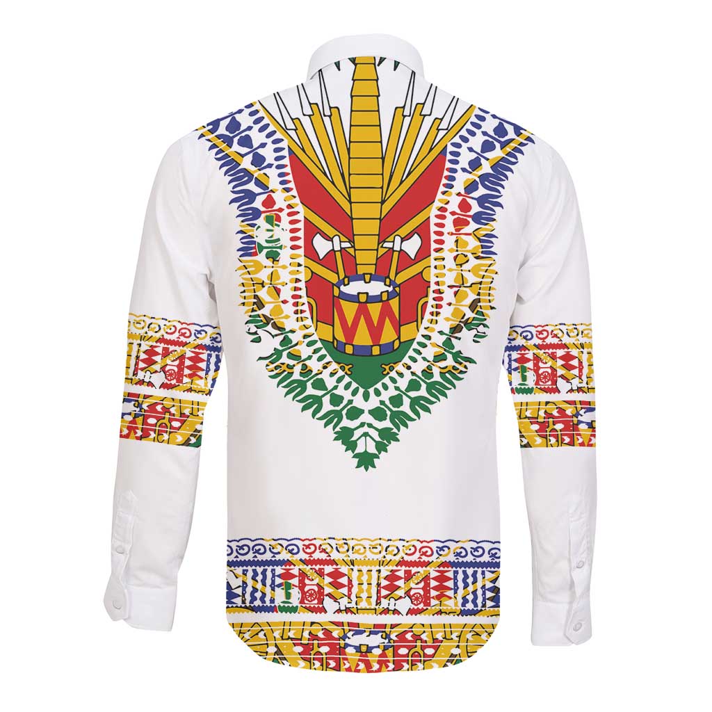 Haiti Flag Long Sleeve Button Shirt Traditional Dashiki White Color