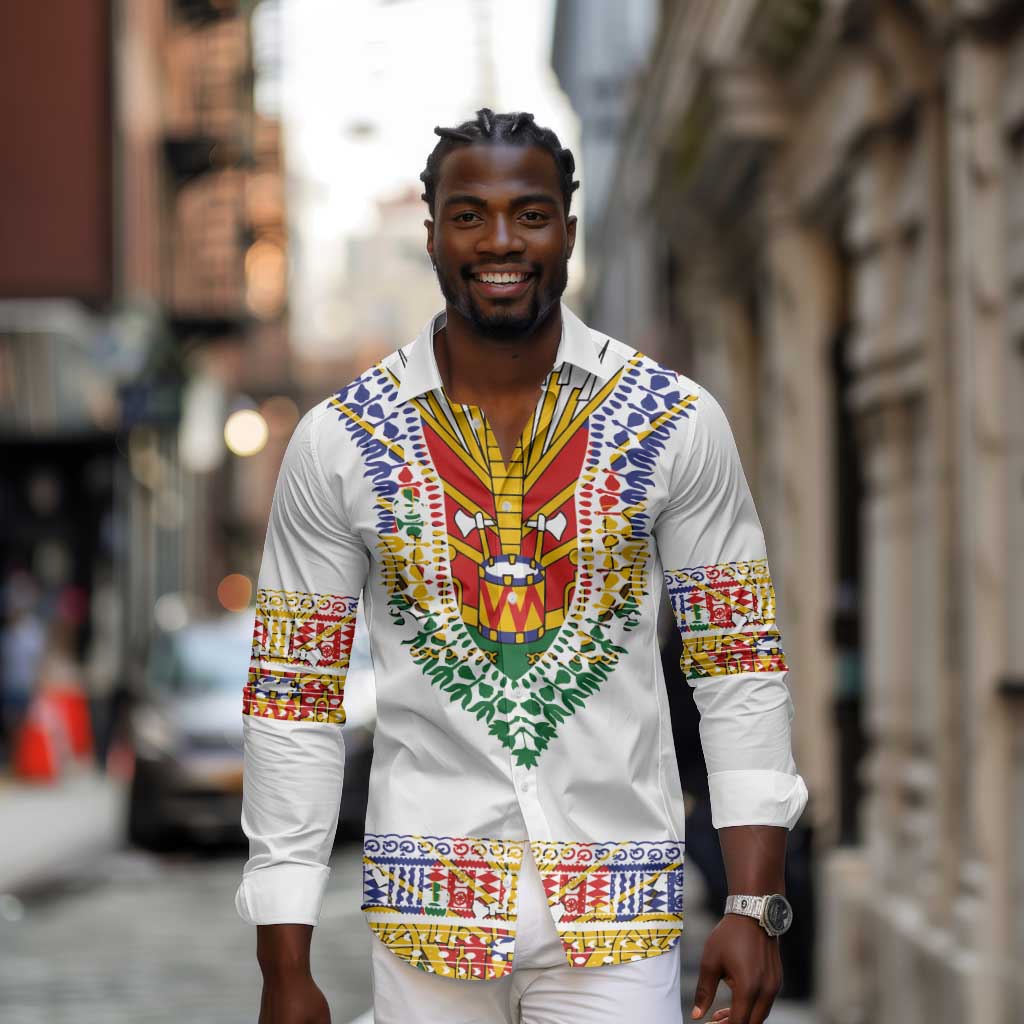 Haiti Flag Long Sleeve Button Shirt Traditional Dashiki White Color