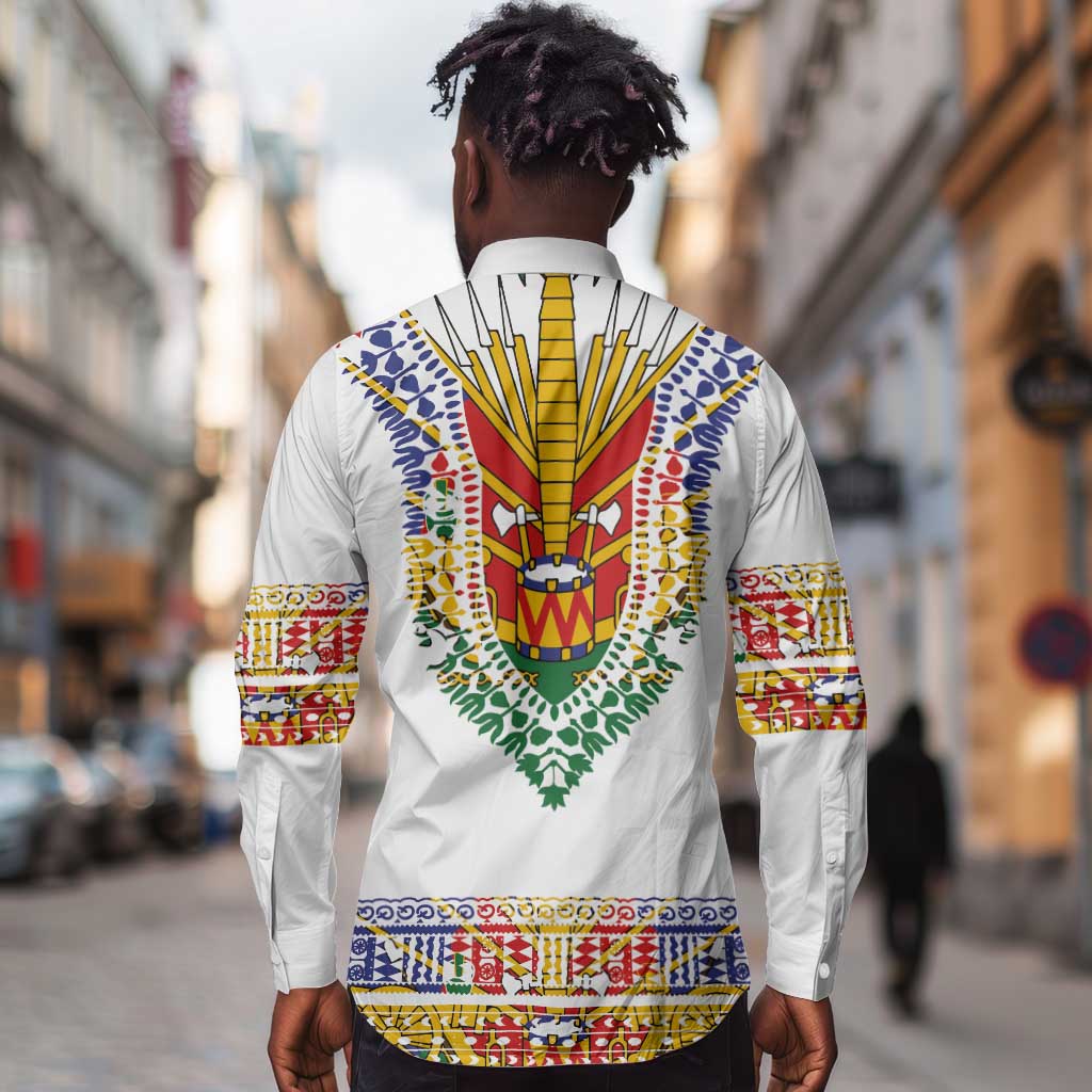 Haiti Flag Long Sleeve Button Shirt Traditional Dashiki White Color