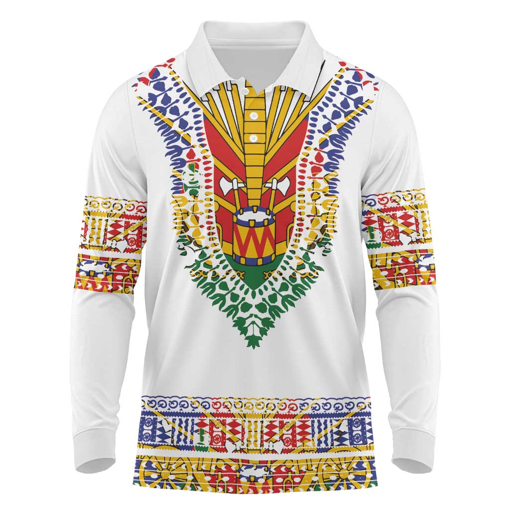 Haiti Flag Long Sleeve Polo Shirt Traditional Dashiki White Color