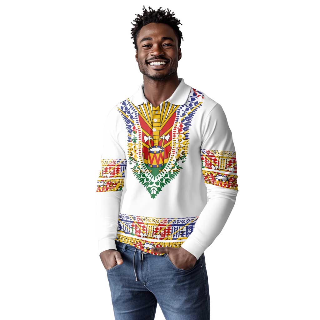 Haiti Flag Long Sleeve Polo Shirt Traditional Dashiki White Color