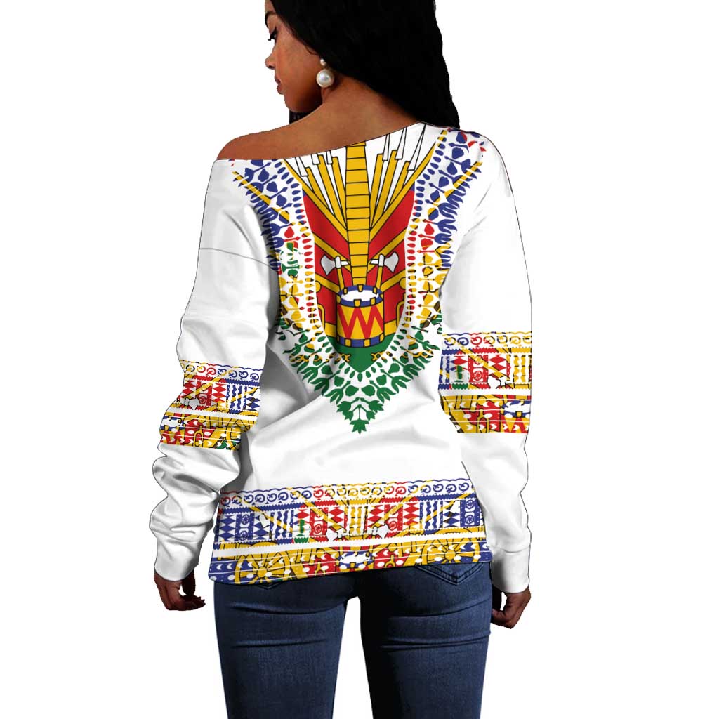 Haiti Flag Off Shoulder Sweater Traditional Dashiki White Color
