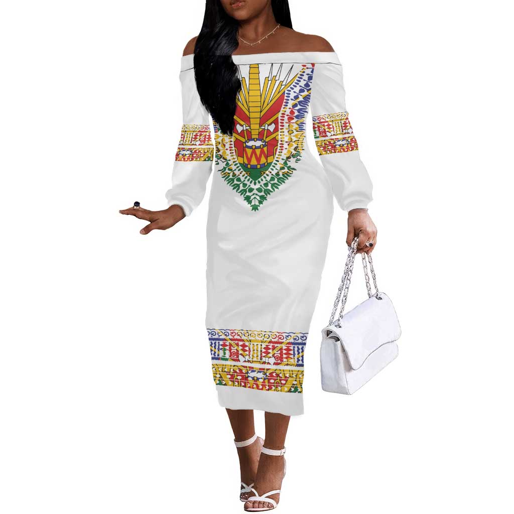 Haiti Flag Off The Shoulder Long Sleeve Dress Traditional Dashiki White Color