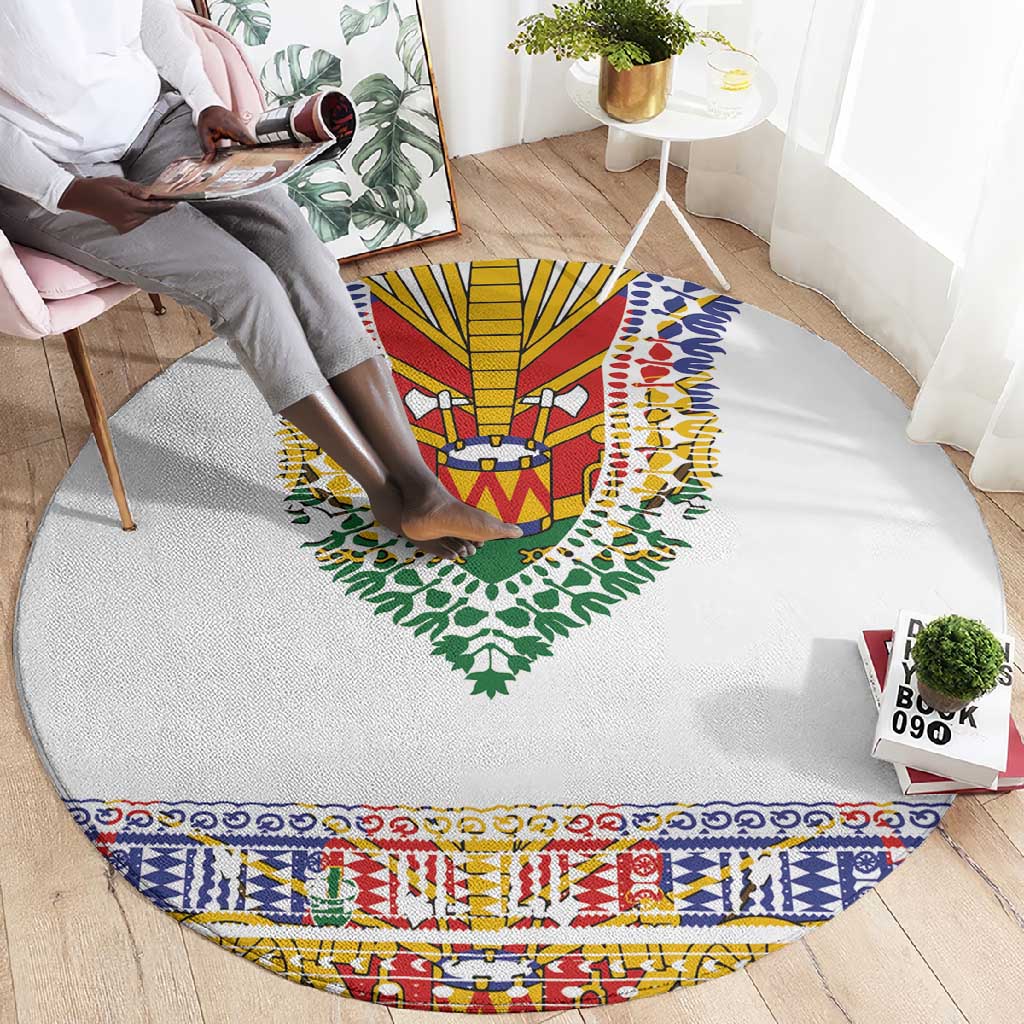 Haiti Flag Round Carpet Traditional Dashiki White Color