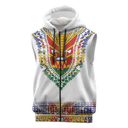 Haiti Flag Sleeveless Zip Hoodie Traditional Dashiki White Color - African Pride