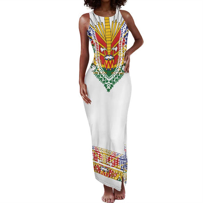 Haiti Flag Tank Maxi Dress Traditional Dashiki White Color