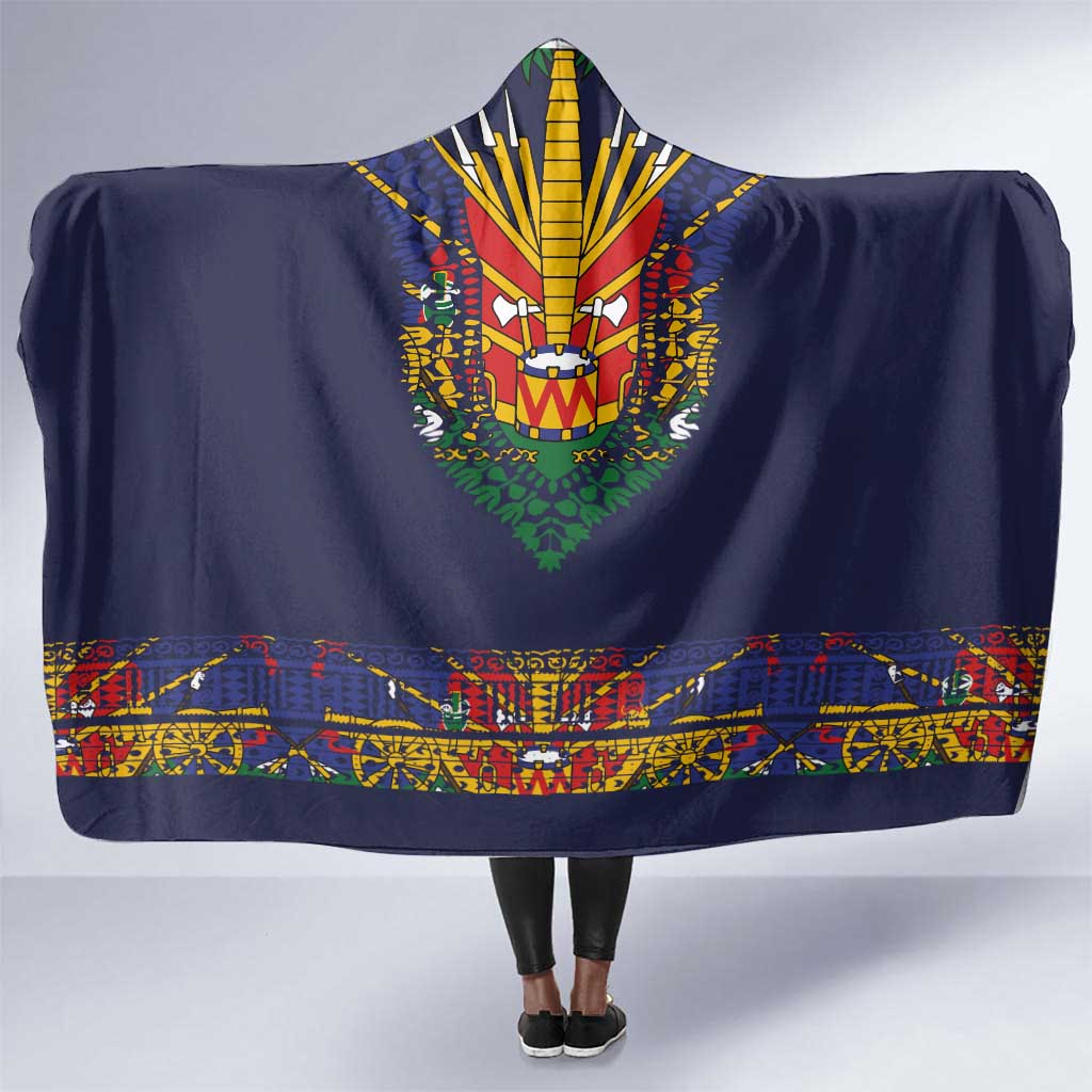 Haiti Flag Hooded Blanket Traditional Dashiki Black Color