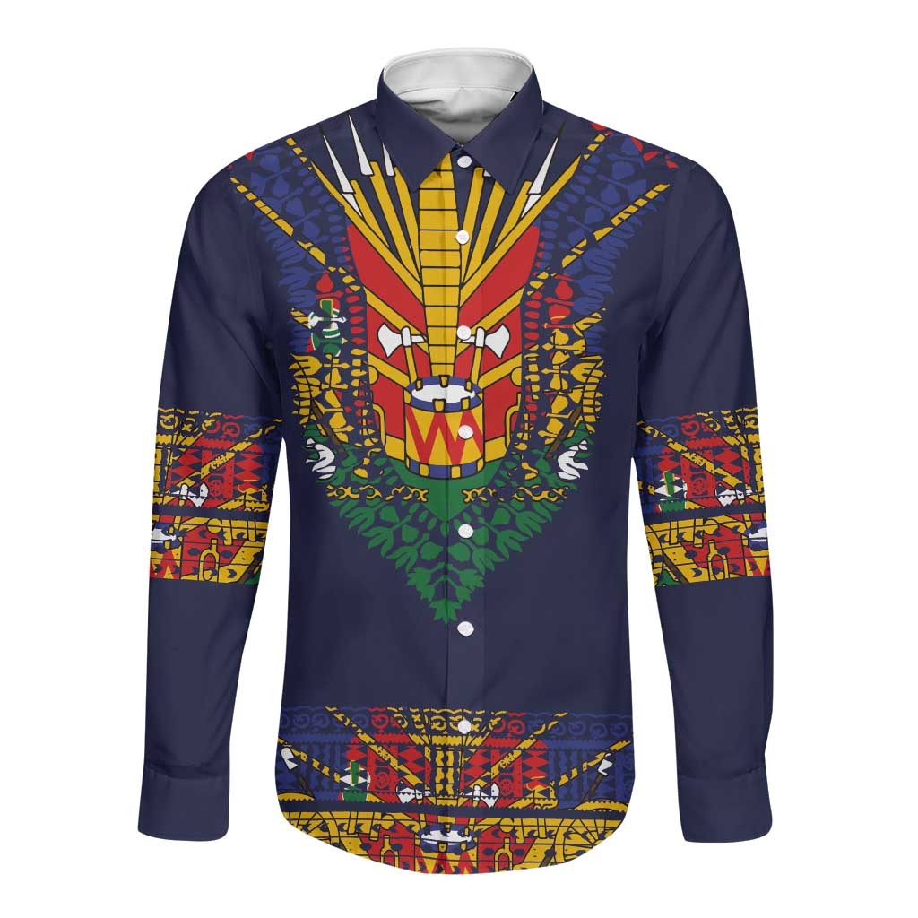 Haiti Flag Long Sleeve Button Shirt Traditional Dashiki Black Color