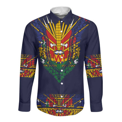 Haiti Flag Long Sleeve Button Shirt Traditional Dashiki Black Color