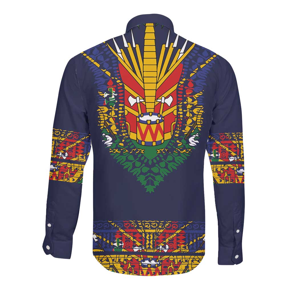Haiti Flag Long Sleeve Button Shirt Traditional Dashiki Black Color
