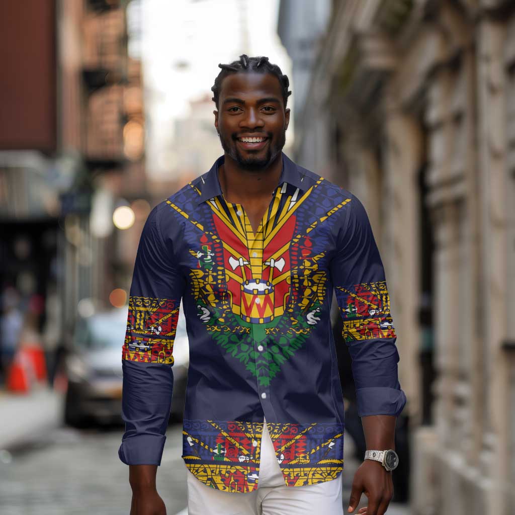 Haiti Flag Long Sleeve Button Shirt Traditional Dashiki Black Color