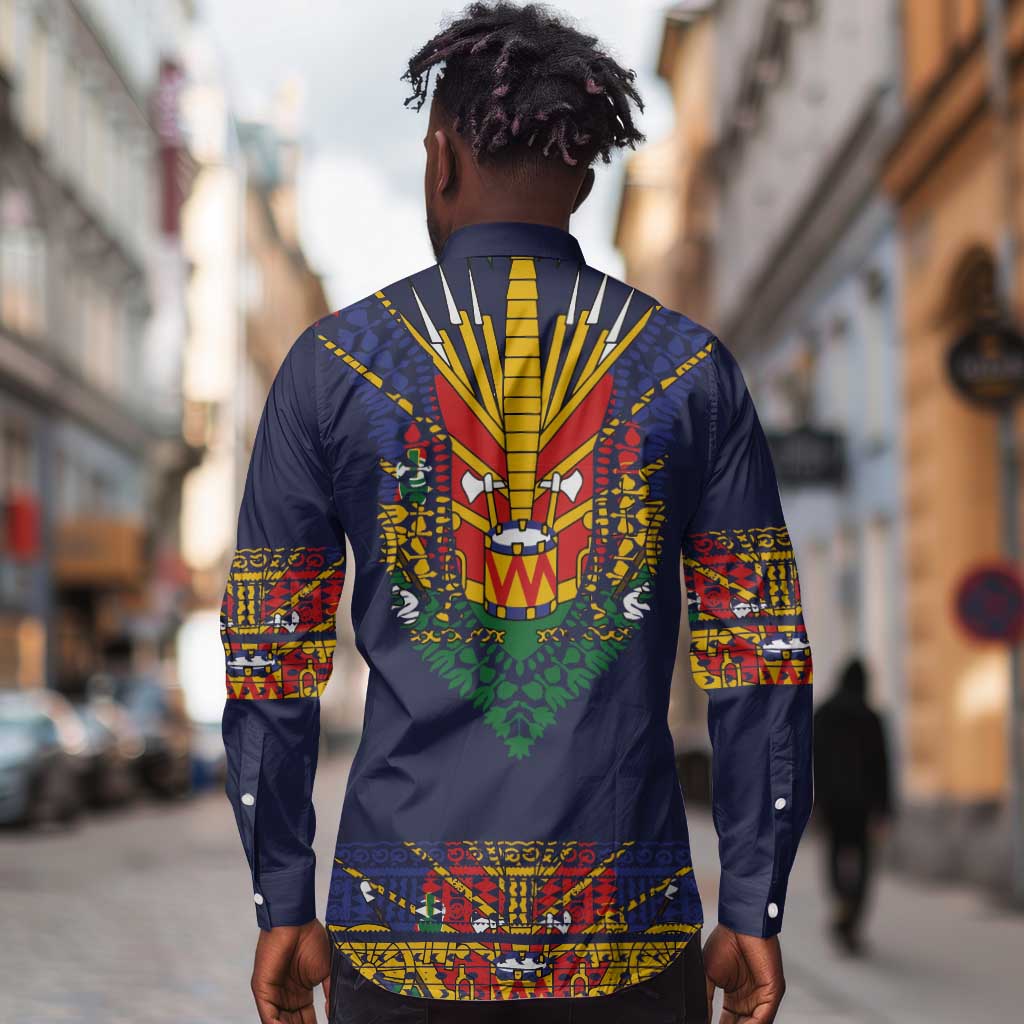 Haiti Flag Long Sleeve Button Shirt Traditional Dashiki Black Color