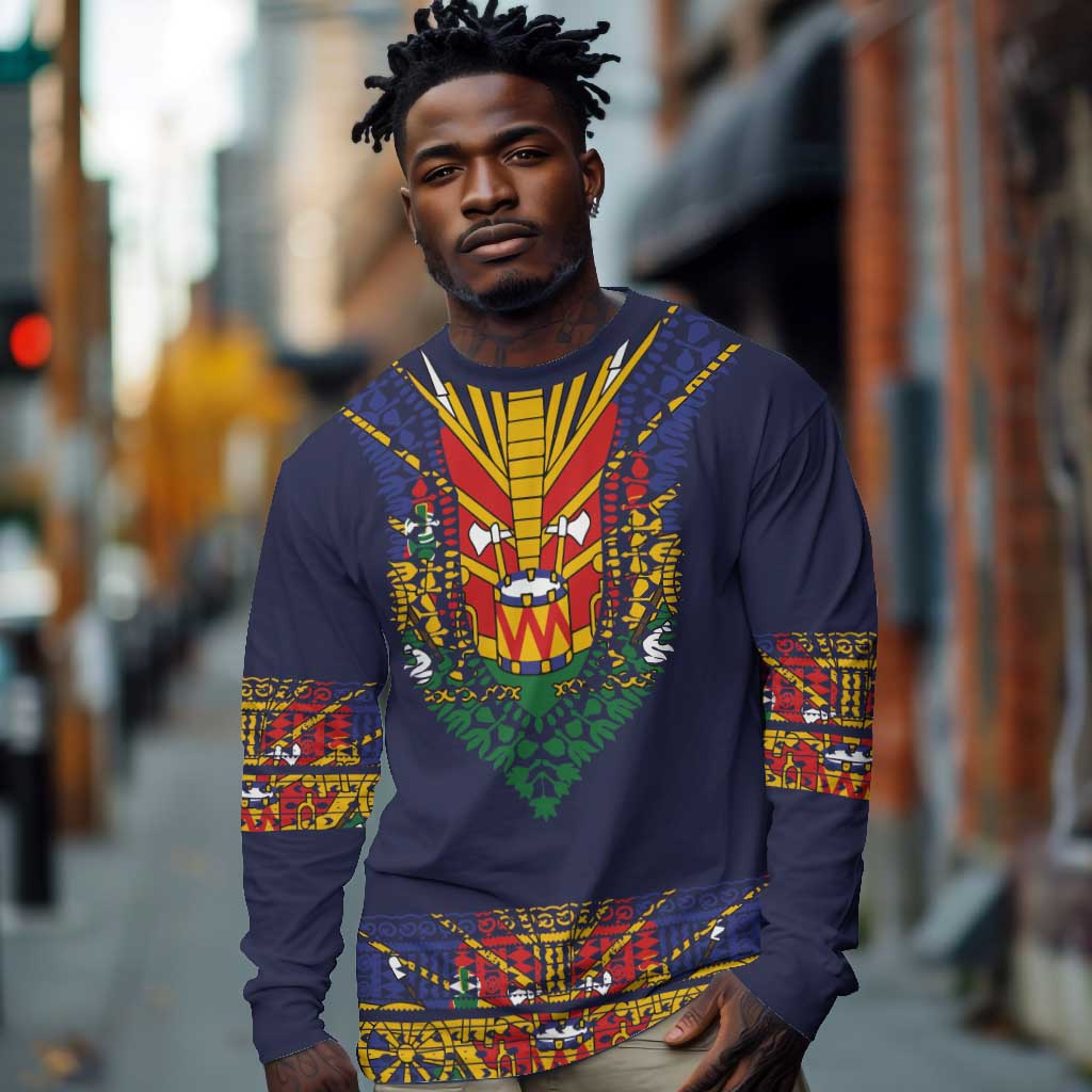 Haiti Flag Long Sleeve Shirt Traditional Dashiki Black Color