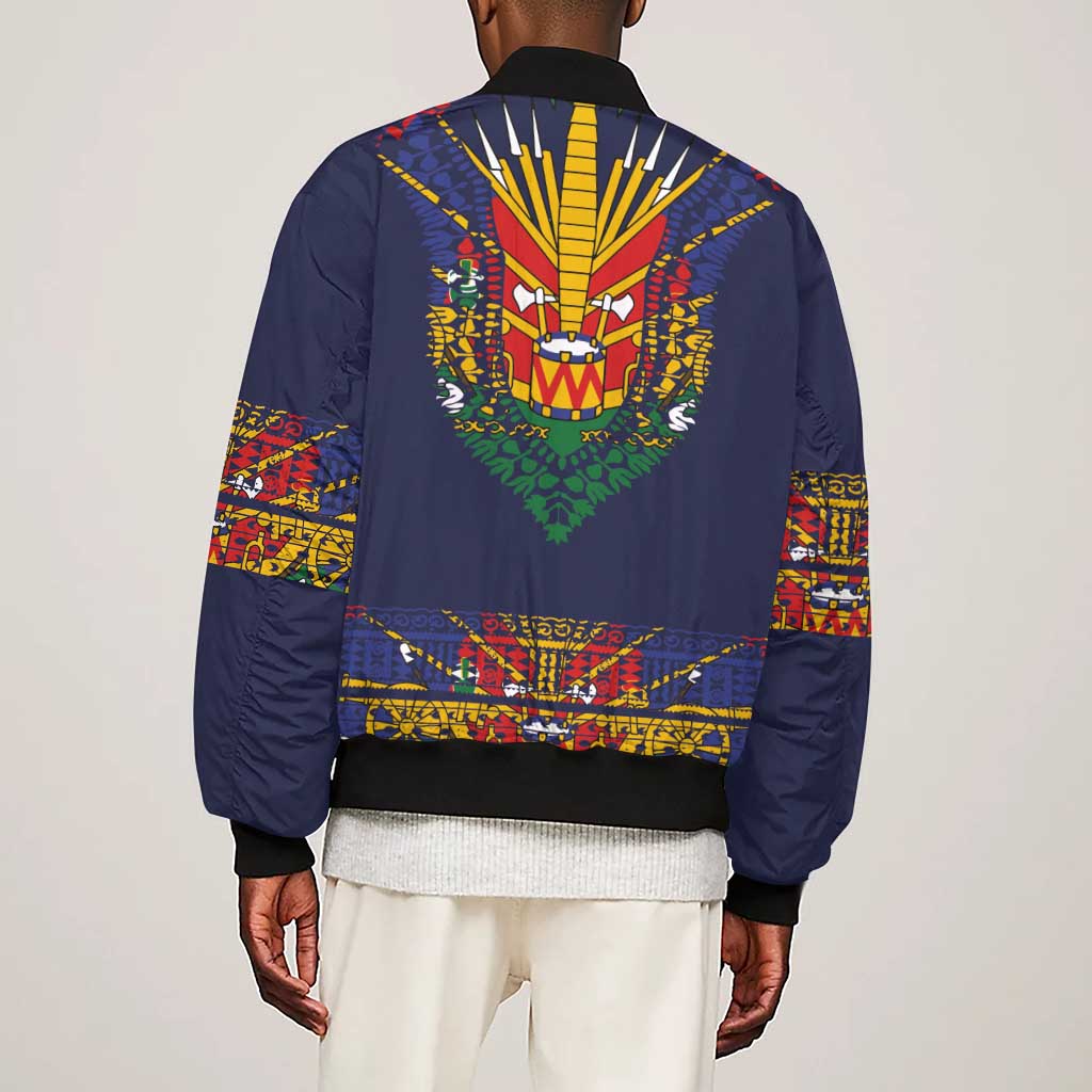Haiti Flag Sleeve Zip Bomber Jacket Traditional Dashiki Black Color