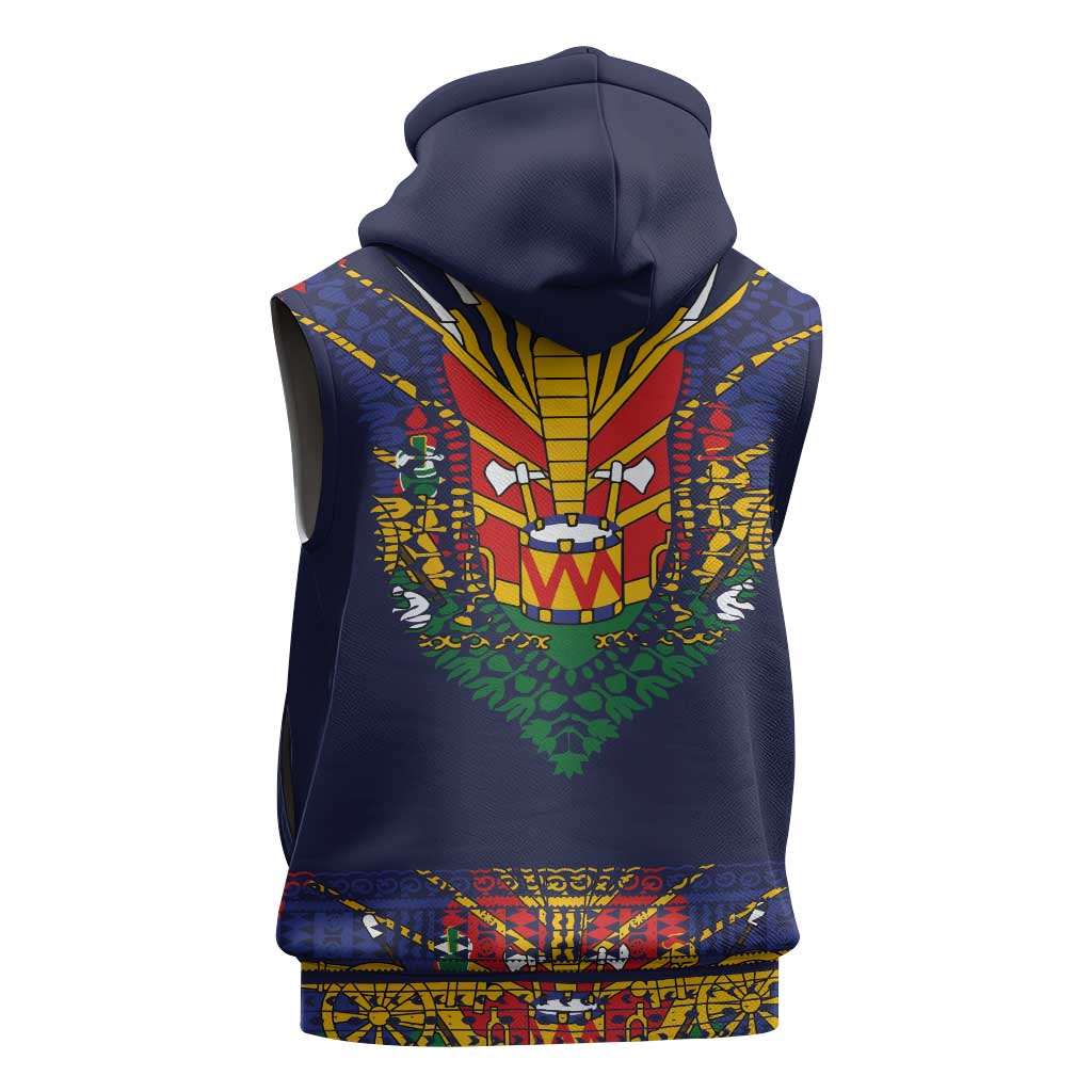 Haiti Flag Sleeveless Zip Hoodie Traditional Dashiki Black Color - African Pride