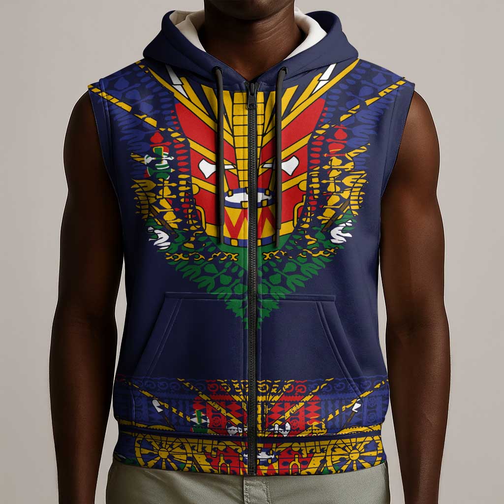 Haiti Flag Sleeveless Zip Hoodie Traditional Dashiki Black Color - African Pride