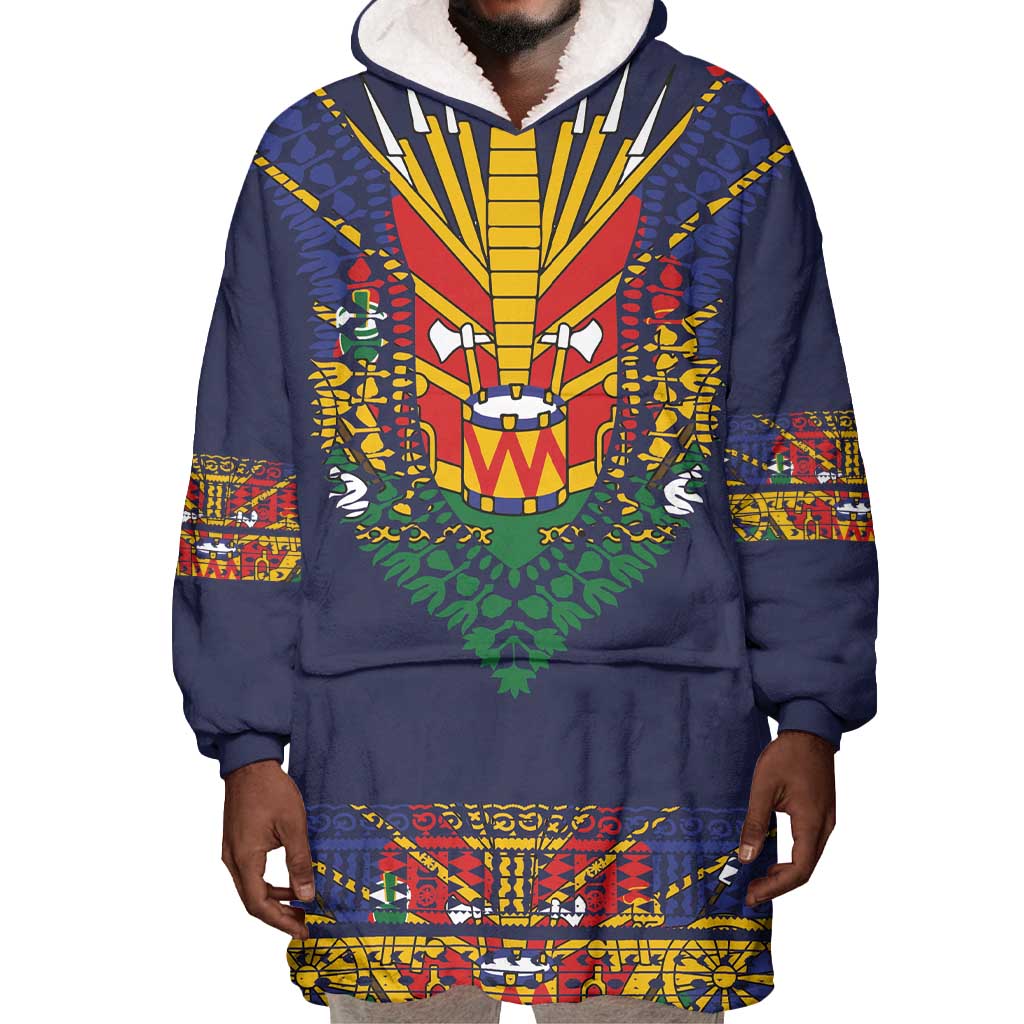 Haiti Flag Wearable Blanket Hoodie Traditional Dashiki Black Color