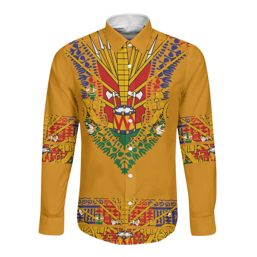 Haiti Flag Long Sleeve Button Shirt Traditional Dashiki Yellow Color