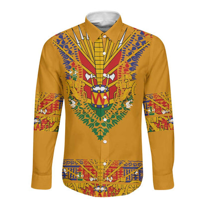 Haiti Flag Long Sleeve Button Shirt Traditional Dashiki Yellow Color