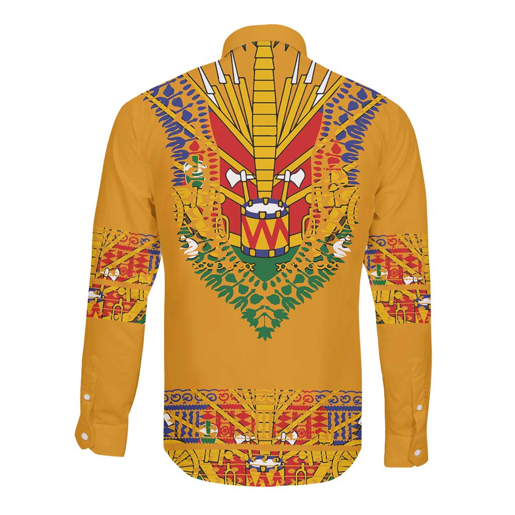 Haiti Flag Long Sleeve Button Shirt Traditional Dashiki Yellow Color