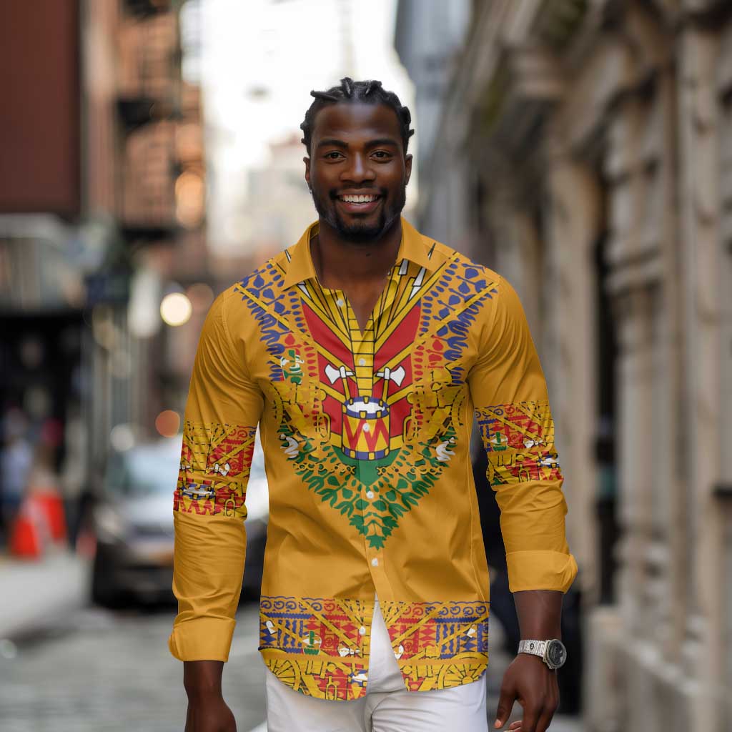 Haiti Flag Long Sleeve Button Shirt Traditional Dashiki Yellow Color