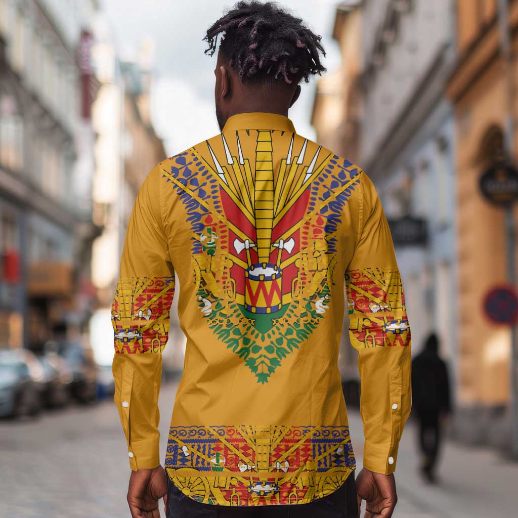 Haiti Flag Long Sleeve Button Shirt Traditional Dashiki Yellow Color
