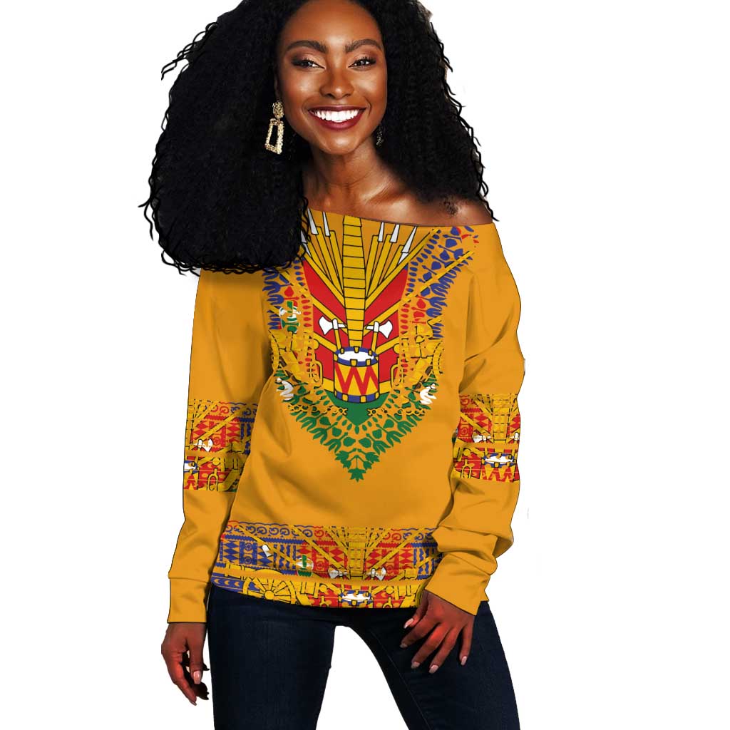 Haiti Flag Off Shoulder Sweater Traditional Dashiki Yellow Color