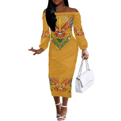 Haiti Flag Off The Shoulder Long Sleeve Dress Traditional Dashiki Yellow Color