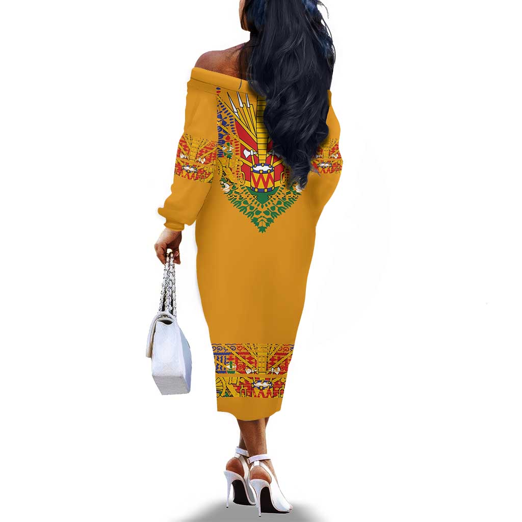 Haiti Flag Off The Shoulder Long Sleeve Dress Traditional Dashiki Yellow Color